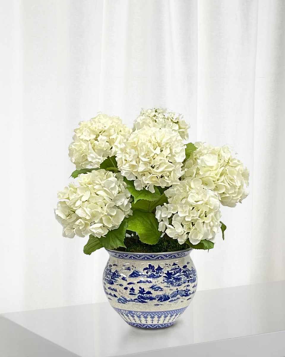 Faux Hydrangeas in Planter